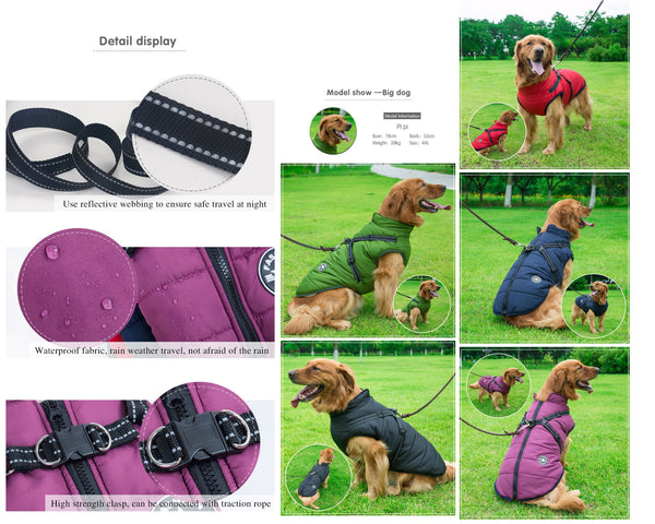 Fleece Lined Waterproof Warm Padded Dog Jacket, Insulated Fleece Waterproof Dog Coat