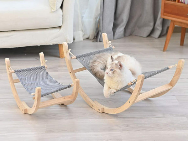 Cat Rocking Chair in Wood and Canvas, Cat Rocking Hammock Chair, Solid Wood Cat Hanging Chair